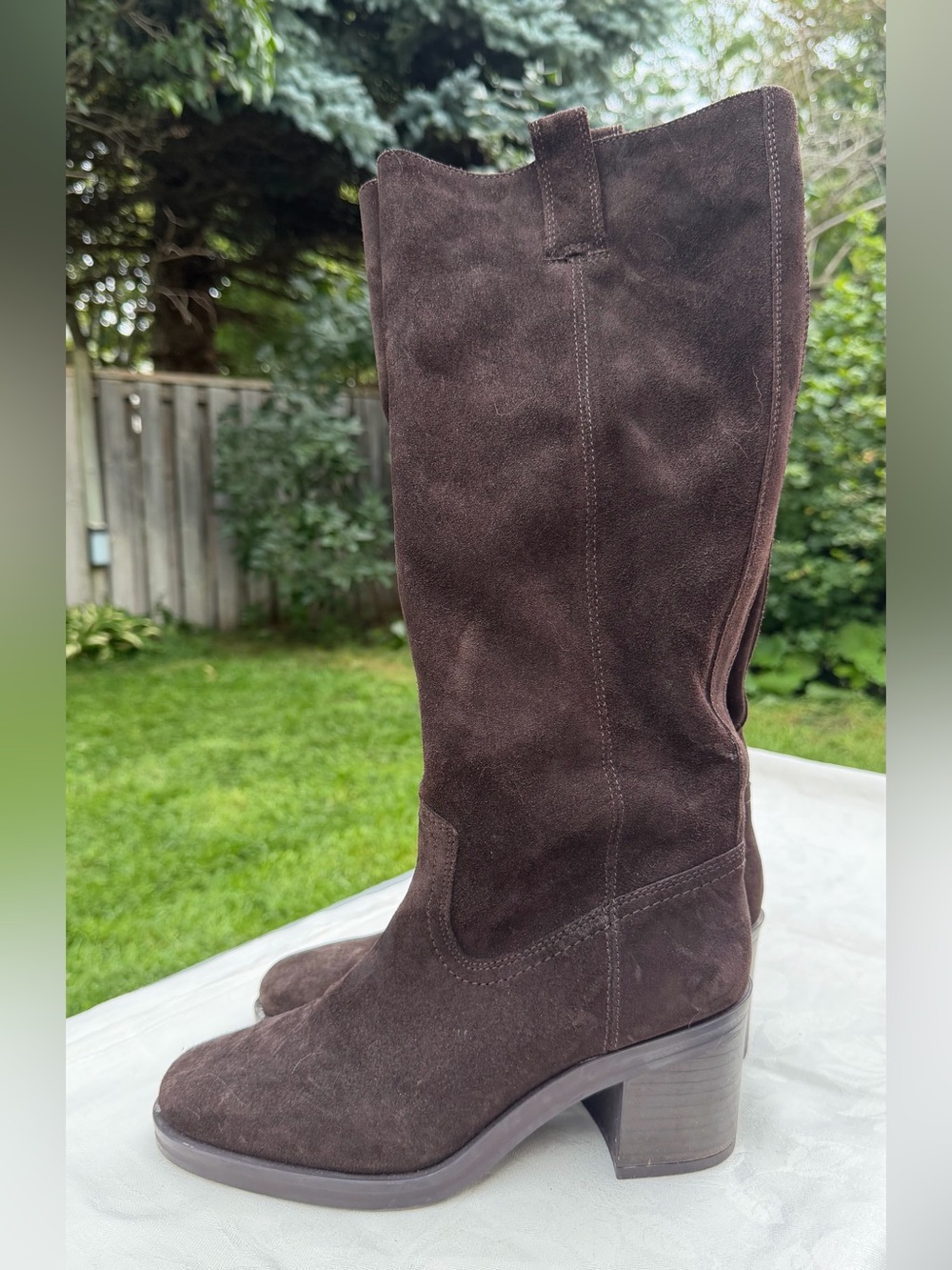 Zara Brown Suede Knee High Boots Pull On Western Block Heel Size 39 US 8